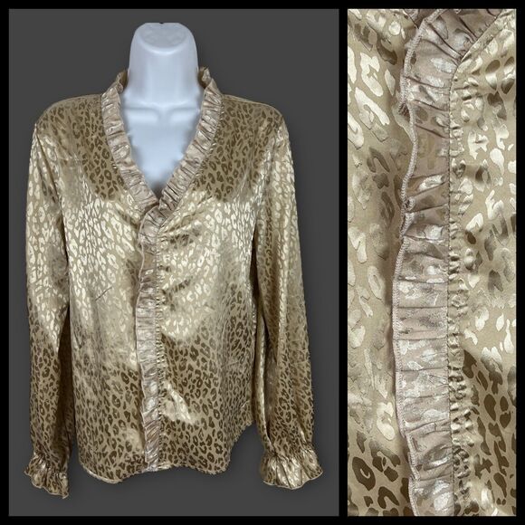 90s Career Blouse Gold Satin Ruffle Leopard Animal Print Blouse Large - Picture 1 of 7